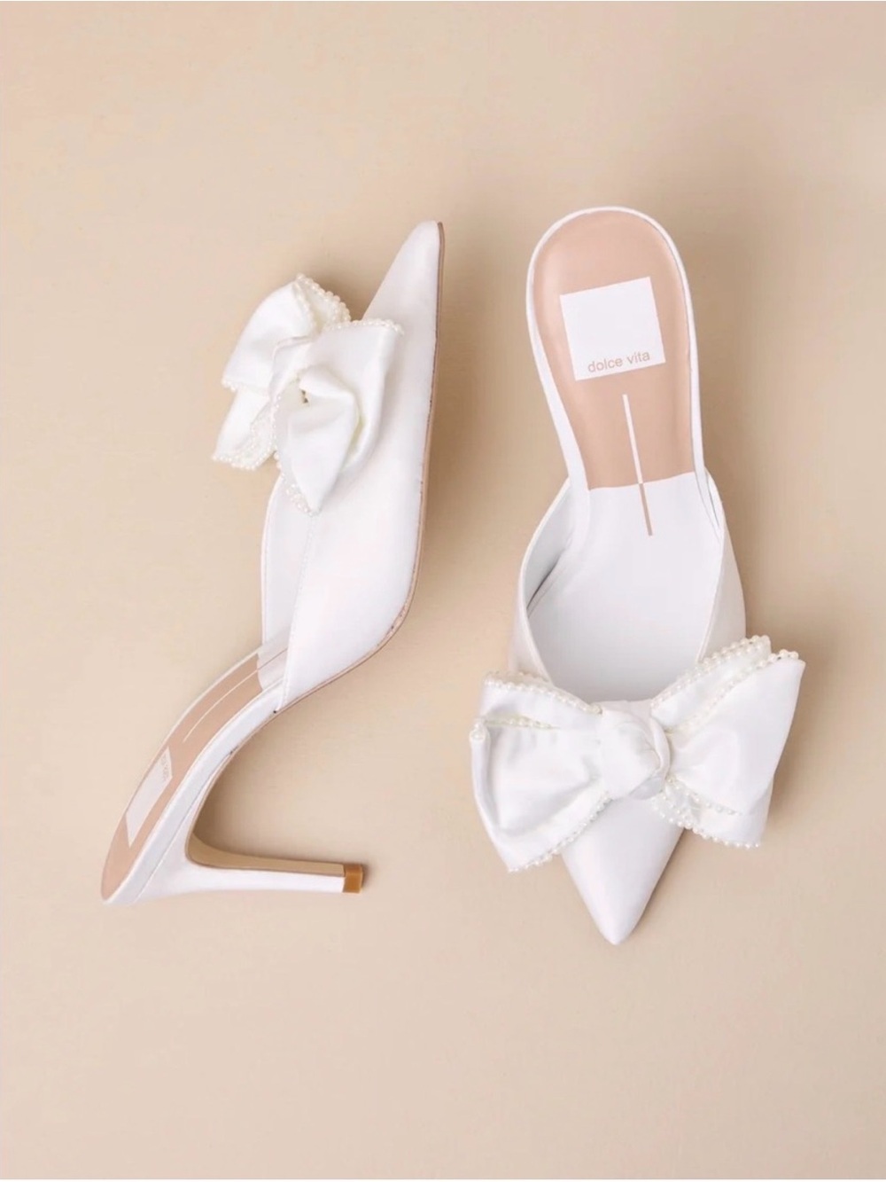 Dolce Vita White Satin Pointed-Toe Mules with Pearl-Trim Bow